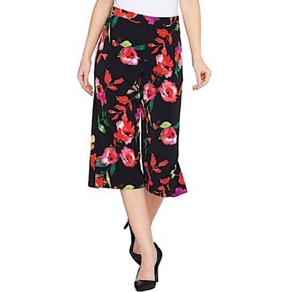 NEW Susan Graver floral wide leg high rise pull on capri pants black red XL